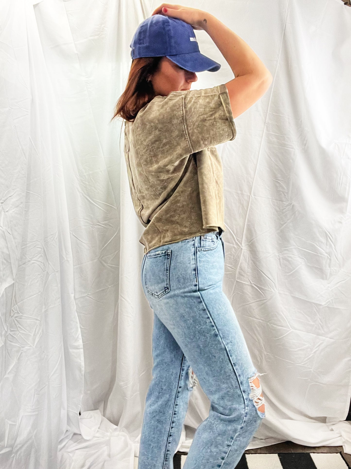 Mocha Acid Wash French Terry Raw Edge Crop Top w/ Back Patch (ready to ship)
