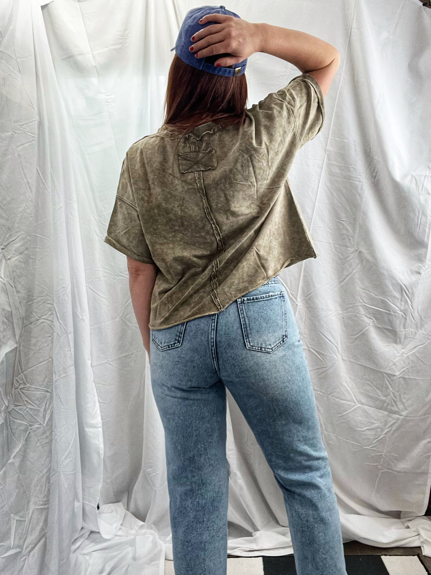 Mocha Acid Wash French Terry Raw Edge Crop Top w/ Back Patch (ready to ship)