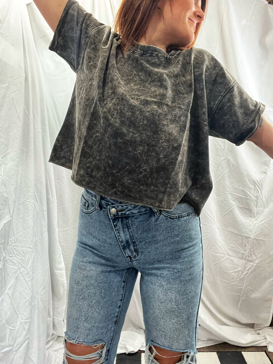 Black Acid Wash French Terry Raw Edge Crop Top w/ Back Patch (ready to ship)
