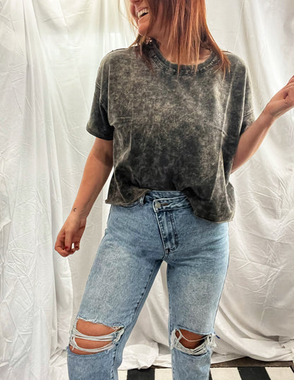 Black Acid Wash French Terry Raw Edge Crop Top w/ Back Patch (ready to ship)