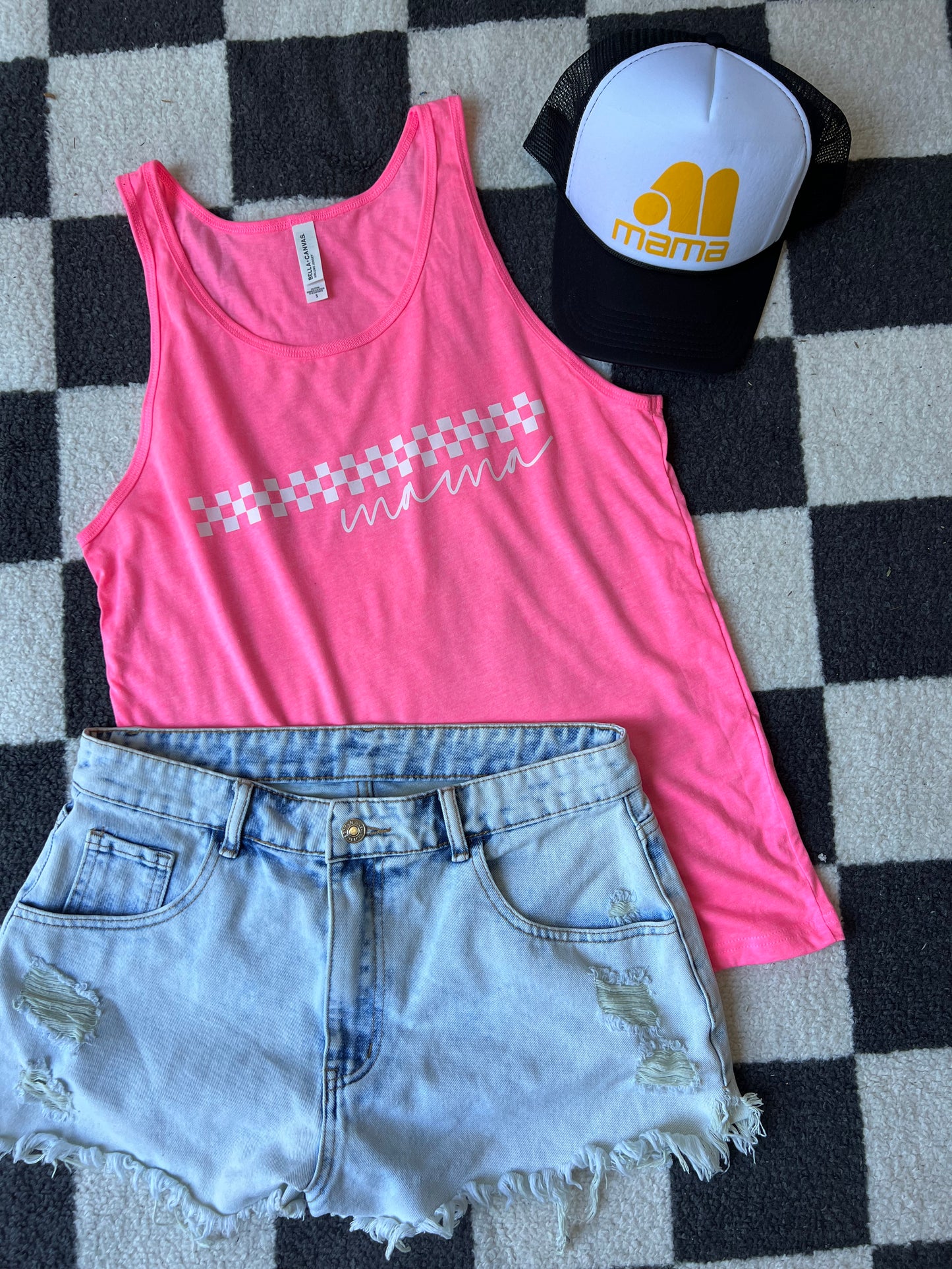 Checkered Mama - Neon Pink Tank